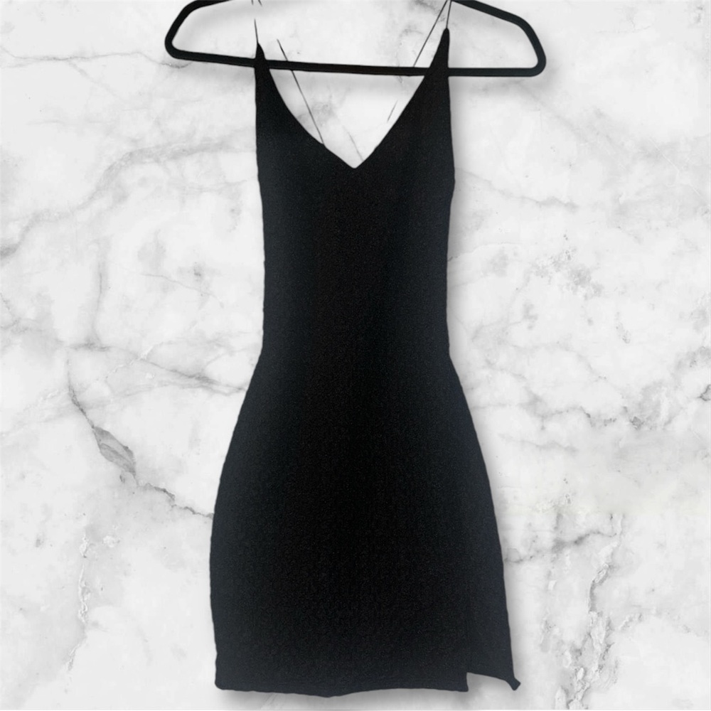 7 Day Weekend MIDI Dress V Neck Black Small Dress Front Slit (332)